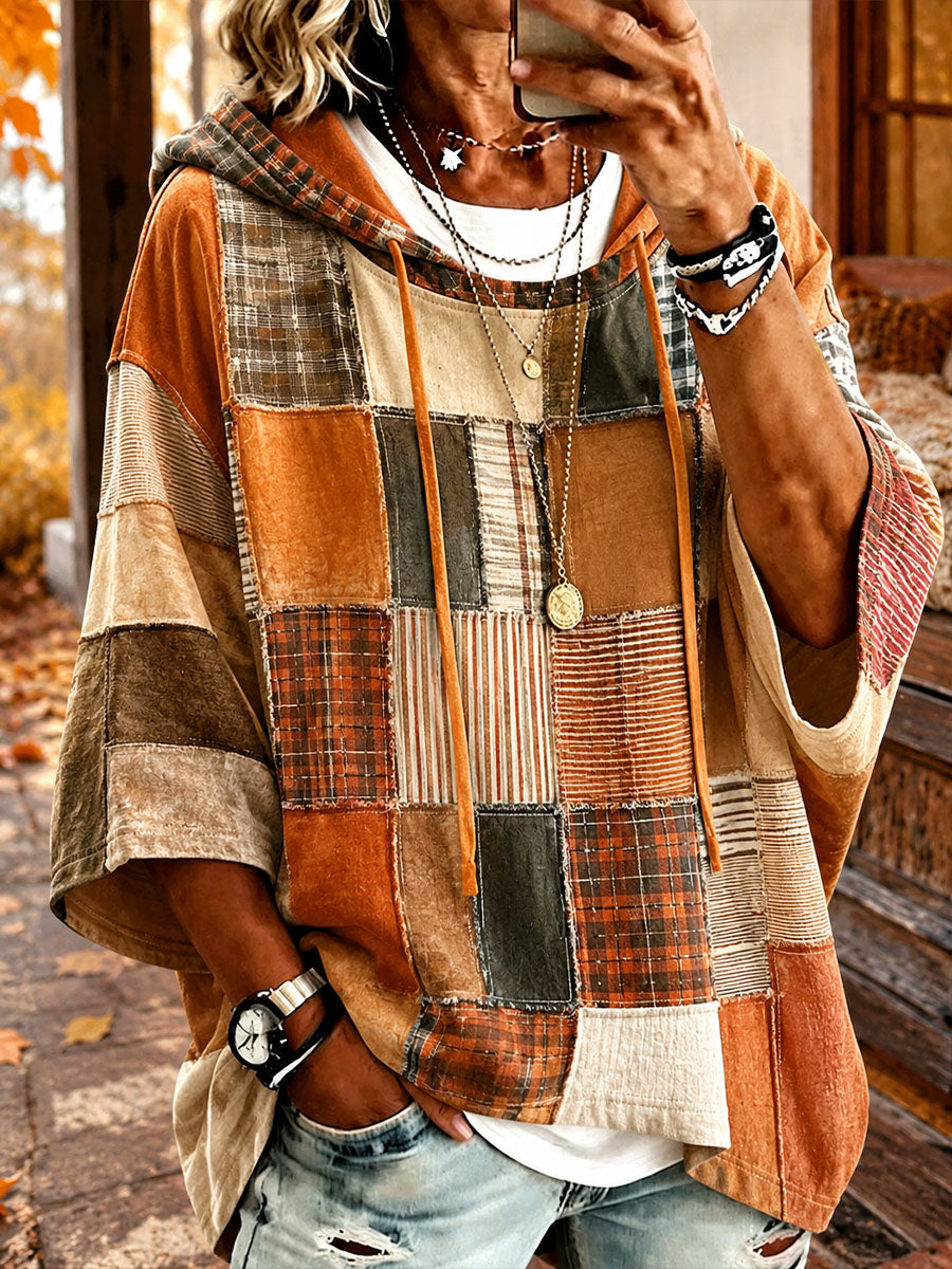 Walnut | Earthy Patchwork Poncho-Style Hoodie