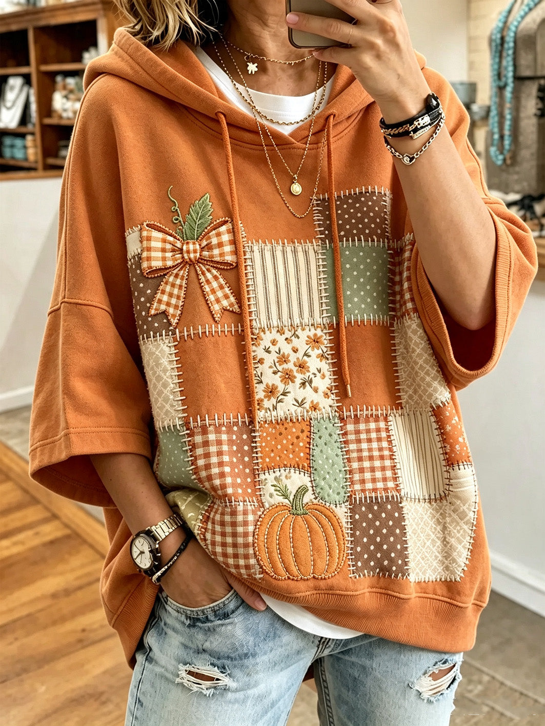 Harvest | Appliqué Pumpkin Patchwork Oversized Hoodie