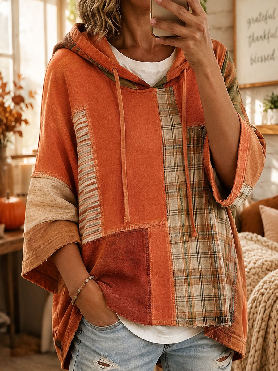 Cinnamon | Raw-Edge Patchwork Oversized Hooded Top