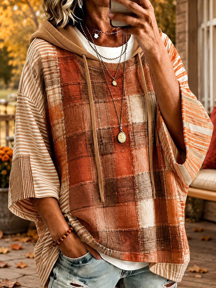 Ember | Rust Plaid & Stripe Batwing Hoodie